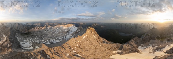Sunrise, Alpine panorama, aerial view, Zugspitze and Zugspitzplatt with glacier, high mountains,