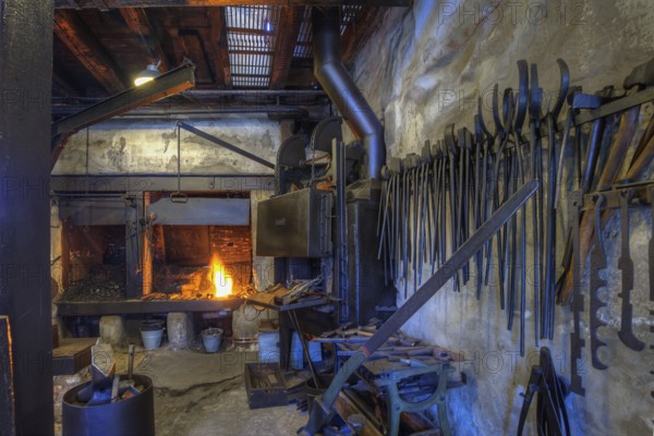 Old hammer forge with forge fire, Lauf Industrial Museum, Lauf a. d. Pegnitz, Middle Franconia,