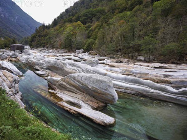 Clear water and rock formations in the Verzasca River, near Lavertezzo, Verzasca Valley, Valle