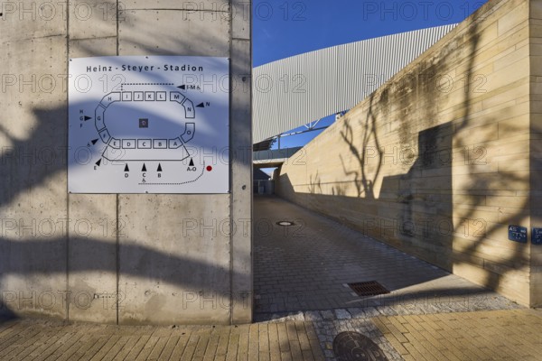 Heinz-Steyer-Stadion, stadium, side entrance, location board, concrete building, deep blue