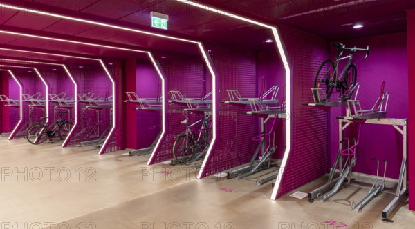 Underground car park for bicycles, redesigned Potsdamer Platz station, Sony Center, Berlin,