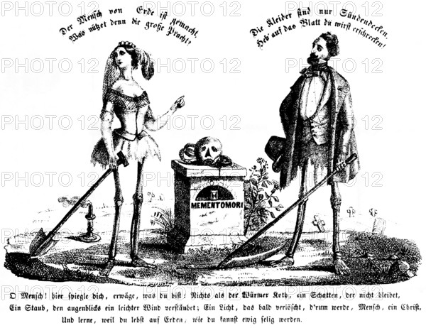 Parody, in the cemetery, Momento Mori, moment of death, skull, candle burnt out, depiction of woman