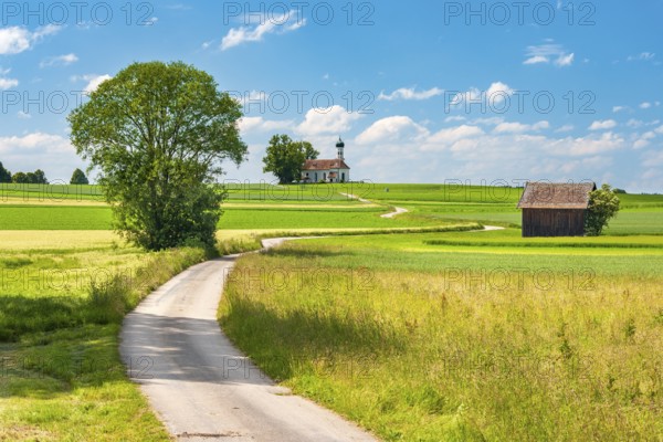 Field landscape, field path leads to the church of St Andreas in the middle of green fields under a