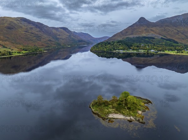 Mountains reflected in fjord, coast, island, autumn, cloudy, aerial view, Loch Leven, view of