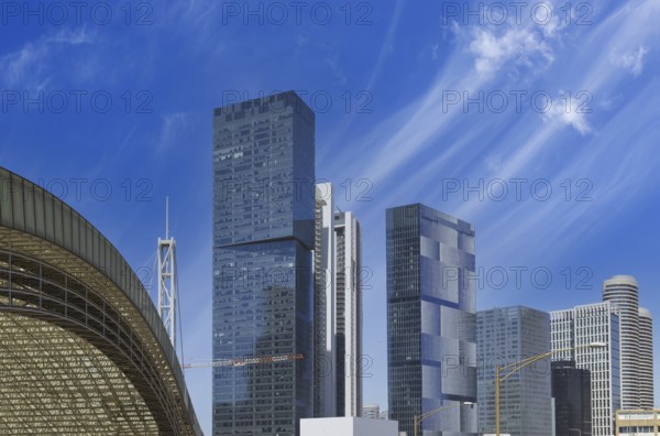 Israel, Tel Aviv financial business district skyline with shopping malls and high tech offices.,