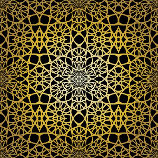 Geometric gold lace seamless pattern. Arabic tile lattice vector background.