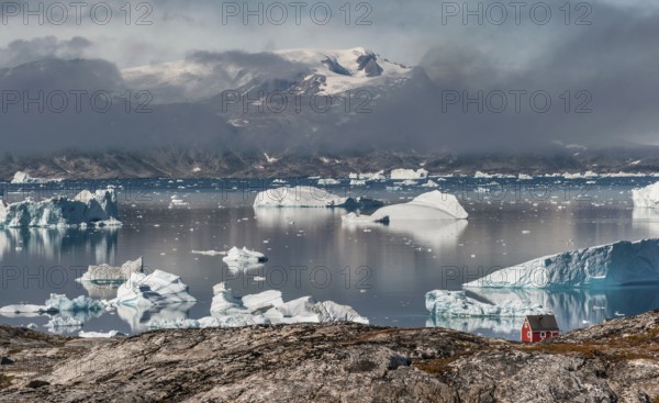 Large icebergs floating in a fjord behind a red wooden house, Inuit settlement Tiniteqilaaq,