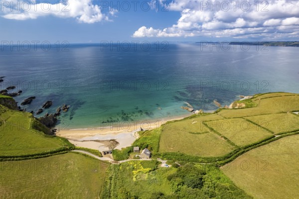 Hemmick Beach and the coast of St Austell seen from the air, Cornwall, England, United Kingdom,
