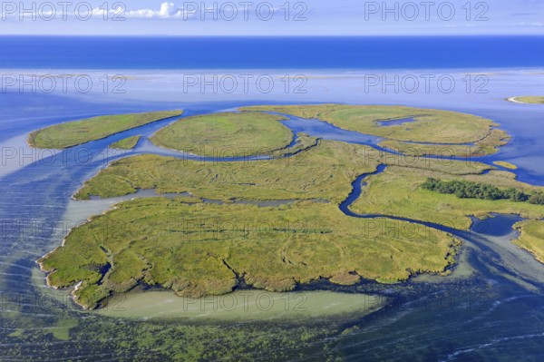 Aerial view over channels and salt marshes of the island group of Kleiner Werder, Kleine Werder in