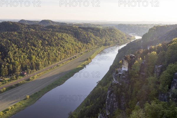 View from the Basteiaussicht down the Elbe with Elbe and Wartturm, Lohmen, Saxon Switzerland,
