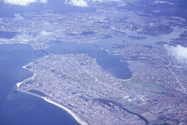 Oblique view of the suburban settlement of Georges River, Botany Bay, Sydney, Australia 1974