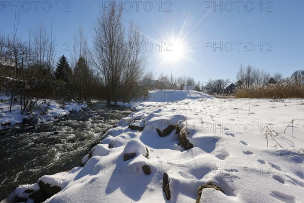 Dortmund, North Rhine-Westphalia, Germany - Sunny winter landscape in the Ruhr area, ice and snow