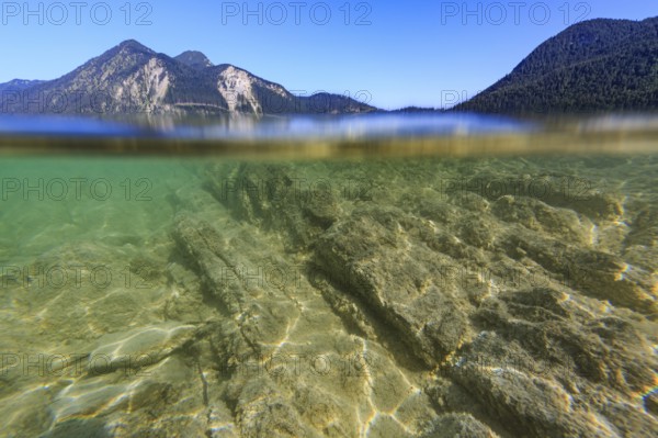 Underwater shot, rocks, lake, clear, mountains, sunny, Walchensee, Bavaria, Germany, Europe