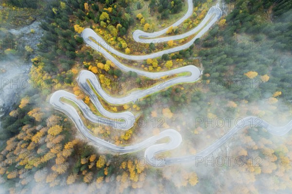 Aerial view of the Maloja Pass road with its numerous hairpin bends, Canton Graubünden,