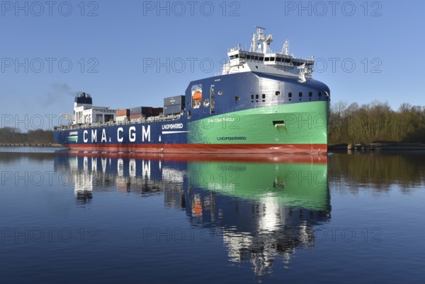 Container ship CMA CGM TIVOLI sailing in the Kiel Canal, Kiel Canal, Kiel Canal,