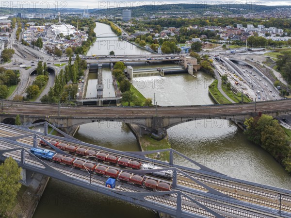 Load test on the Neckar Bridge, aerial view. Due to the unusual design, dimensional checks are
