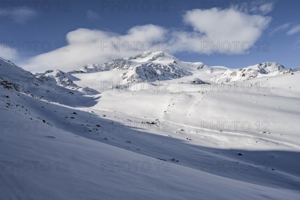 Snow-covered mountain landscape, mountain peak Monte Cevedale and glacier Zufallferner, Ortler