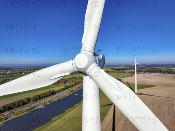 Glauchau, Saxony, Germany, Wind turbines, wind farm and solar farm on the A4 motorway near