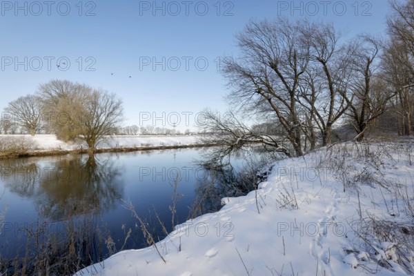 Dorsten, North Rhine-Westphalia, Germany - Sunny winter landscape in the Ruhr area, ice and snow on
