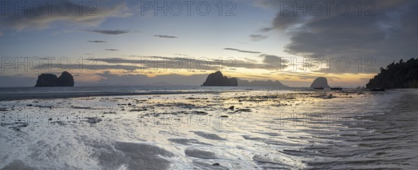 Structures in the sand, sunrise at low tide on the beach of Koh Ngai Island, Andaman Sea, Satun