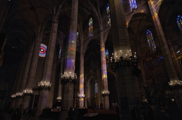 Play of colours, play of light, colourful church windows, interior view, La Seu, Basilica de Santa