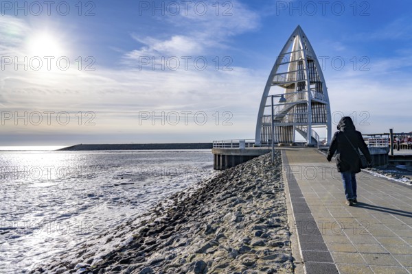 The East Frisian North Sea island of Juist in winter, Juist pier, Juist lookout tower, frozen coast