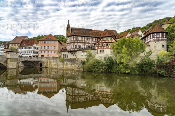 Half-timbered houses on the Kocher in Heimbach, Schwäbisch Hall, Baden-Württemberg, Germany, Europe