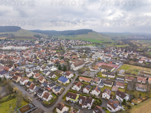 Aerial view of a town surrounded by hills and open spaces, Großbottwar, Ludwigsburg district,