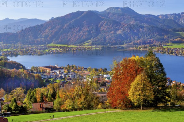 Panorama of the village and lake with the monastery castle in autumn, Tegernsee, Tegernsee,