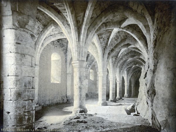 Chillon Castle, interior, Bonivard's Prison, Geneva Lake, Switzerland, Historic, digitally restored