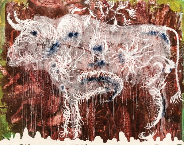 Albino bull, 2021, mixed media on canvas, exhibition Miquel Barcelo, Vida y Muerte, Museum