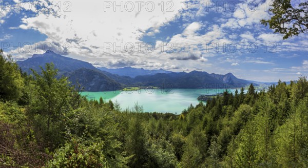 View from Hollerberg to Mondsee with Drachenwand, Mondseeland, Salzkammergut, Upper Austria,