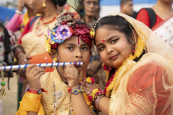 Students dressed as Lord Krishna and Radha participate in Samutkarsh Mahashivir organised by Vidya