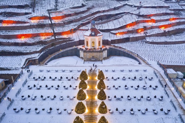 Aerial view of the Belvedere in Wackerbarth Castle Park with vineyards under snow and Christmas