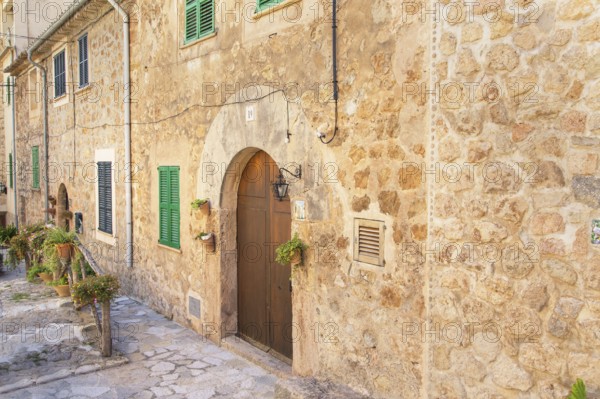 Historic district cobblestone street, Valldemossa, Mallorca, Balearic Islands, Spain, Europe