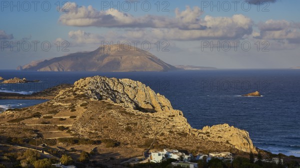 Coastal landscape with an island in the background and striking rock formations, Acropolis Hill,
