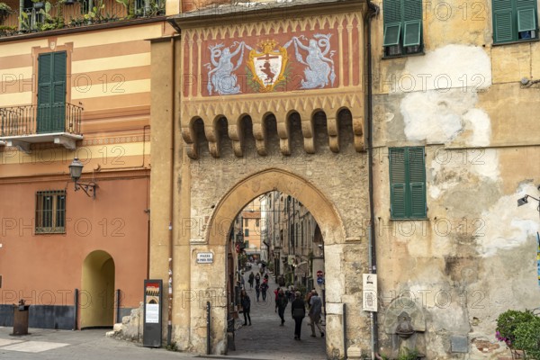 Porta Testa town gate in Finalborgo, Finale Ligure, Riviera di Ponente, Liguria, Italy, Europe