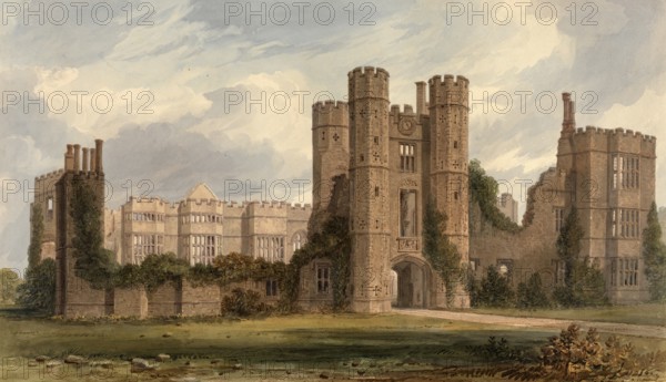 West view of the ruins of Cowdray House, Sussex, England, digitally restored reproduction of an