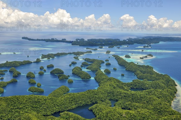 Aerial view of 70 Seventy Islands Rock Islands in island paradise island state Palau in the Pacific