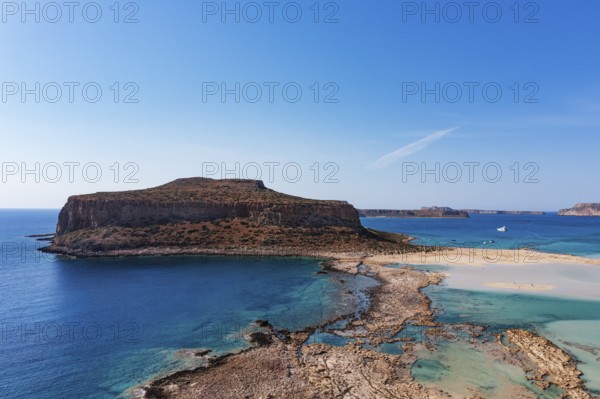 Drone shot, beach and bay of Balos, Gramvousa peninsula, Kolimbari, West Crete, Crete, Greece,