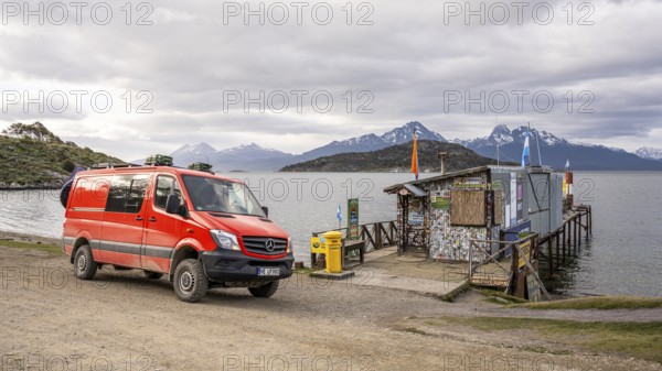 4x4 campervan in front Correo Argentino, Postal Unit of the End of the World, Tierra del Fuego