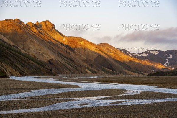 Rhyolite mountains and river Jökulgilskvísl, Landscape at Landmannalaugar, Dramatic volcanic