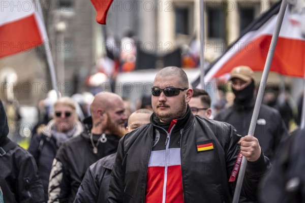 The neo-Nazi group Jung und Stark, JS, demonstrates in the city centre of Essen, demanding the