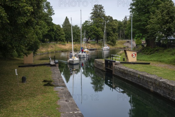 Lock in the Göta Canal. Göta Canal was built between 1810 and 1832 and runs right through Sweden.