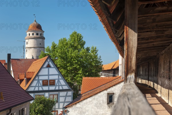 View from the battlements of the town wall to the tower of the Deininger Tor tor in the old town,