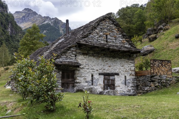 Typical Ticino stone houses in the village of Sonogno, Verzasca Valley, Valle Verzasca, Canton