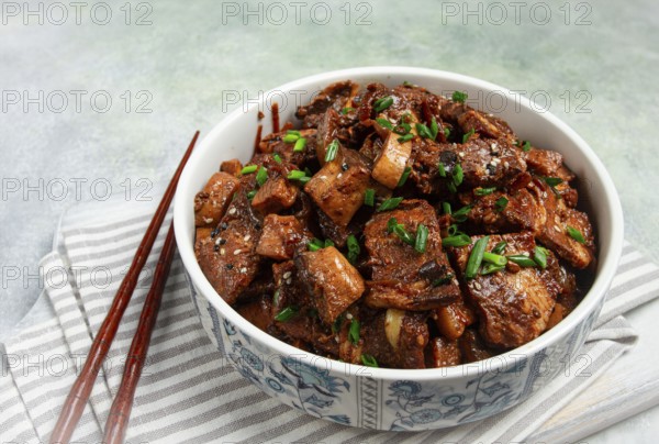 Bulgogi, with mushrooms, with sesame seeds and green onions, Korean cuisine, homemade, no people