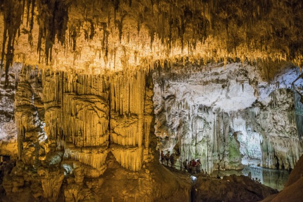 Huge stalactites and underground lake, stalactite cave, Grotta di Nettuno, Neptune Grotto, Capo