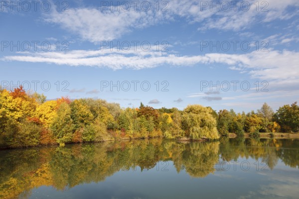 A quiet lake reflecting the colourful autumn trees and the blue sky, Offenbach, Southern