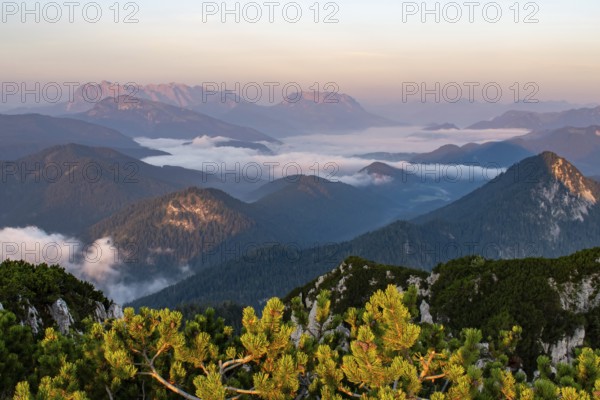 Sunrise in the Chiemgau Alps with a view of the Wilder Kaiser and fog in the valley, Bavaria,